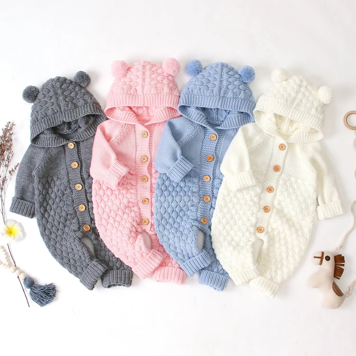 Ear Knit Romper With Hoodie